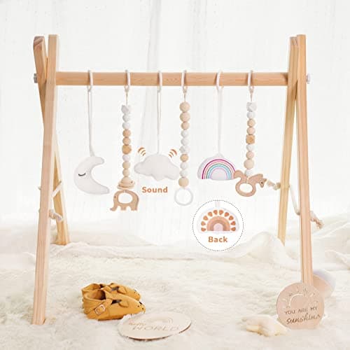 little dove Foldable Wooden Play Gym with 6 Toys - Infant Activity Gym for Baby Girls and Boys with Hanging Bar - Montessori Newborn Gift - Image 1