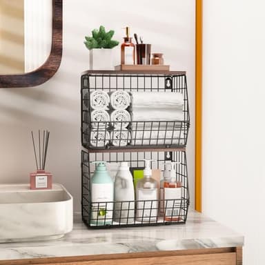 Wawocs 2 Tier Fruit Bowl Fruit Basket for Kitchen Counter Stackable Wall Mounted Hanging Basket Wire Baskets with Wood Lid with 4 Banana Hanger Hooks, Onion Basket, Fruit and Vegetable Storage - Image 5