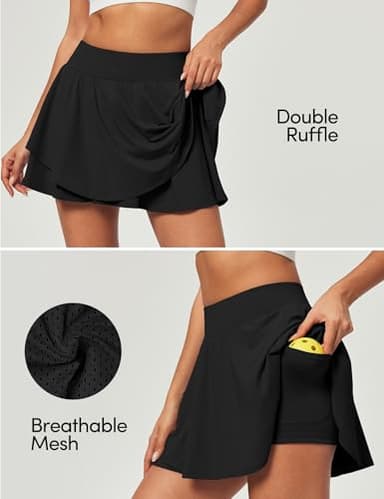 IUGA Tennis Skirt Pleated Skorts for Woman Double Ruffle Golf Skirts for Women Skort with Pockets Tummy Control Athletic Black - Image 3