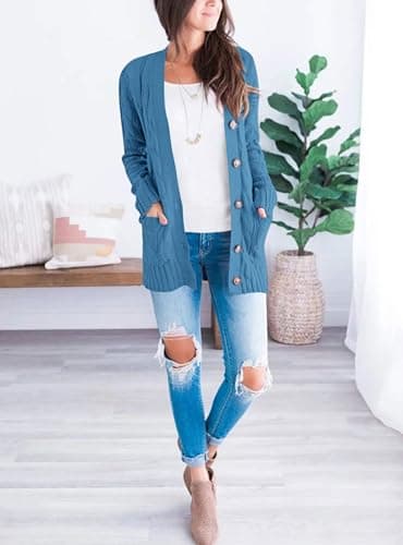 PRETTYGARDEN Women's Open Front Cardigan Sweaters Fall Fashion Button Down Cable Knit Chunky Winter Clothing Outerwear Coats (Blue,X-Large) - Image 6