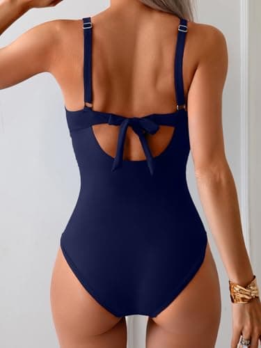 Eomenie Women's One Piece Swimsuits Tummy Control Ruched Push Up Bathing Suit Tie Back Slimming Swimwear Navy Blue - Image 5