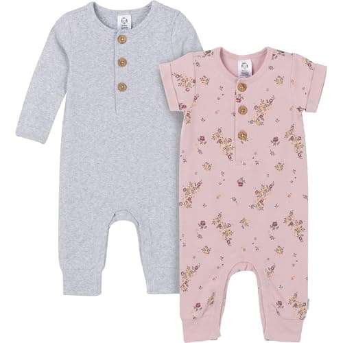 Gerber Baby Boys and Baby Girls' 2-Pack Long Leg Rompers, Floral, 3-6 Months - Image 1
