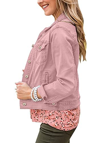 LookbookStore Pink Jean Jacket Women Fall 2025 Fitted Denim Jacket for Women Classic Stretchy Denim Trucker Jacket Basic Pink Button Down Denim Jackets Lightweight Size Large Size 12 14 - Image 3