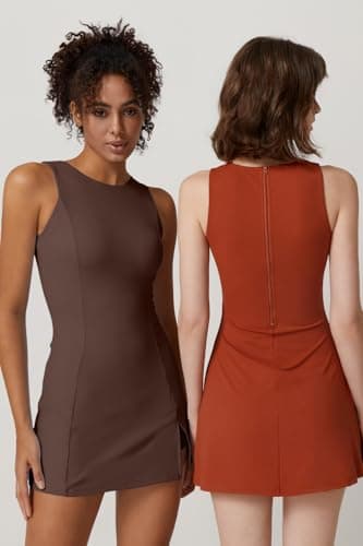 QINSEN Sport Dress for Women Sleeveless Workout Side Slit Tennis Dress with Inner Shorts Brown S - Image 6