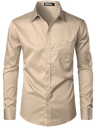 ZEROYAA Men's Urban Stylish Casual Business Slim Fit Long Sleeve Button Up Dress Shirt with Pocket ZLCL29 Khaki Medium - Image 1