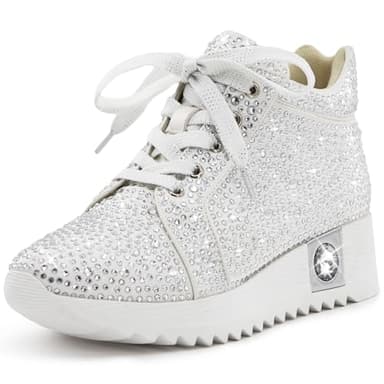 FINDVELL Women's Fashion Glitter Sneakers Platform Wedge Shoes Sparkly Rhinestone High Top Sneakers Trendy Sequin Shoes Wedding Bride Dress Size 11 White - Image 1