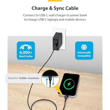 StarTech.com 6ft (1.8m) USB-C Charging Cable, USB C Cable, USB 2.0 Type-C Laptop Charger Cord, 60W 3A Power Delivery, M/M - Image 2