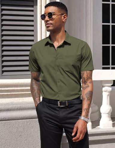 COOFANDY Men Dress Shirt Summer Evening Regular Fit Polyester Stretchy Button Down Shirts with Chest Pocket Olive Army Green XXXXL 4XL - Image 4