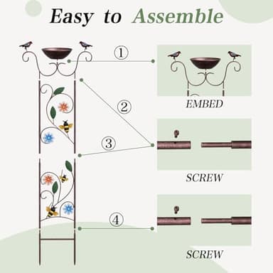 Glirops Bird Bath for Outside - Antique Iron Bird Bath with Trellis,Detachable Decorative Hummingbird Bowl,Metal Plant Support for Climbing Flowers,Elegant Outdoor Garden Feature (Honeybee) - Image 2