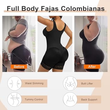 SHAPERX Women's Fajas Colombianas Tummy Control Shapewear Postpartum Full Body Shaper Butt Lifter Bodysuit (No Padding), SZ7302-Black-M - Image 5