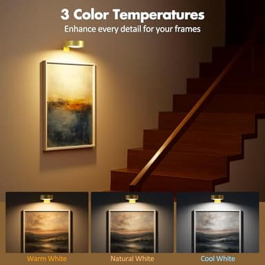 3Pcs Battery Operated Picture Light, Magnetic Led Painting Light with Remote Dimmable and Timer, 3 Lighting Modes Art Display Light for Picture Frame Paintings, Wireless Wall Decor Puck Lights, Gold - Image 2
