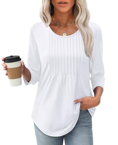XIEERDUO 3/4 Sleeve Plus Size Tops for Women 2025 Crewneck Long Sleeve Shirts for Women Pleated Business Casual Blouses Fall Fashion Clothing Outfits Beach Vacation Clothing A-White XXL - Image 2