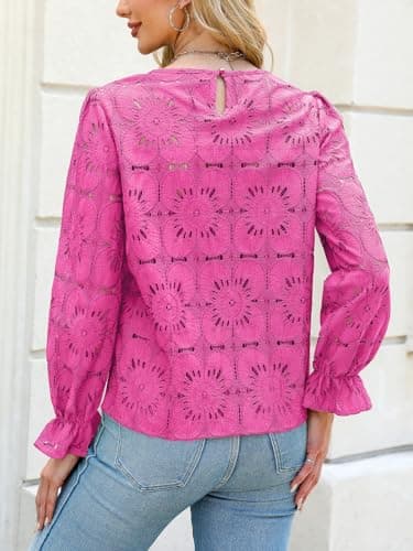 CUPSHE Women Eyelet Long Sleeve Tops Shirts Dressy Hollow Out Crochet Lace Embroidered Blouses 2025 Fashion Top Fuchsia M - Image 2