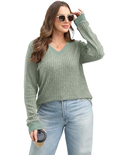 Sampeel V Neck Long Sleeve Shirts for Women Dressy Casual Fall Tops Color Block Sweaters Fashion Sweatshirt Green M - Image 4