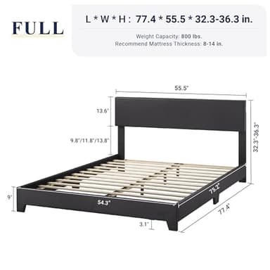 Allewie Full Size Bed Frame with Adjustable Headboard, Faux Leather Platform Bed with Wood Slats, Heavy Duty Mattress Foundation, No Box Spring Needed, Noise-Free, Easy Assembly, Black - Image 2