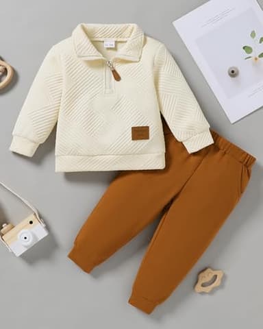 ZOEREA Toddler Baby Boy Clothes Outfits Long Sleeve Solid Sweatshirt and Pants 2 Piece Fall Winter Sweatsuit Set Apricot 12-18 Months - Image 7