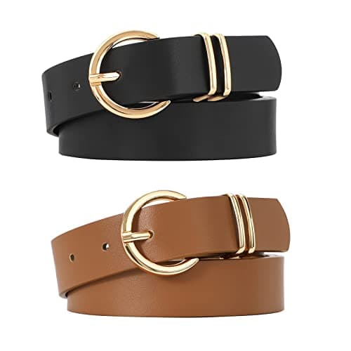 VONMELLI 2 Pack Women's Leather Belts for Jeans Pants Fashion Gold Buckle Ladies Belt Black Brown M - Image 1