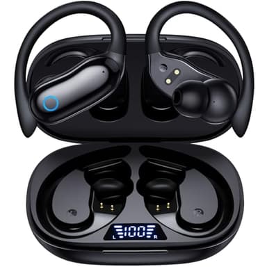 GNMN Ear Buds Wireless Earbuds 96hrs Playback Bluetooth Headphones IPX7 Waterproof Stereo Bass Over-Ear Earphones with Earhooks Microphone LED Battery Display for Sports/Workout/Gym/Running Black - Image 1
