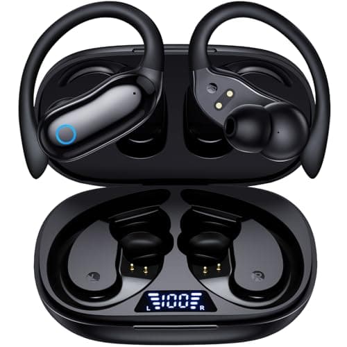 GNMN Ear Buds Wireless Earbuds 96hrs Playback Bluetooth Headphones IPX7 Waterproof Stereo Bass Over-Ear Earphones with Earhooks Microphone LED Battery Display for Sports/Workout/Gym/Running Black