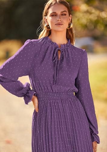 PRETTYGARDEN Women's 2025 Spring Fall Midi Dress Casual Long Sleeve V Neck Swiss Dot Pleated A Line Flowy Dresses (Dark Purple,Large) - Image 5
