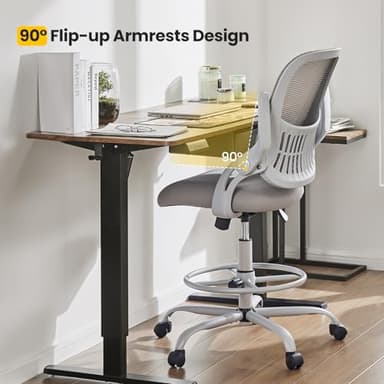 Sweetcrispy Tall Drafting Desk Chair - Ergonomic High Stool Computer with Adjustable Height and Comfy Lumbar Support, Office Rolling Counter with Flip-up Arm and Footrest, Light Grey - Image 7