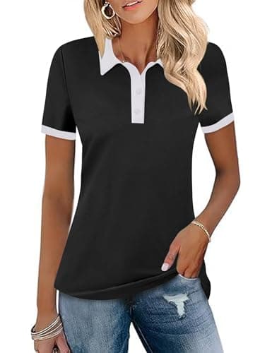 LOMON Black Polo Shirts for Women Constrast Collared Shirt Quick Dry Athletic Top Lightweight Short Sleeve Tennis Cloth XL - Image 1