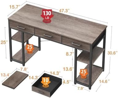 ODK Office Small Computer Desk: Home Table with Fabric Drawers & Storage Shelves, Modern Writing Desk, Grey Oak, 48"x16" - Image 5