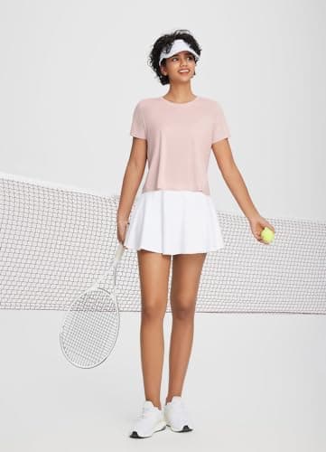 baleaf Women's Workout Tops Athletic Shirts Cropped Short Sleeve Split Back Running Gym Quick Dry Sun Protection UPF 50+ Pink M - Image 6