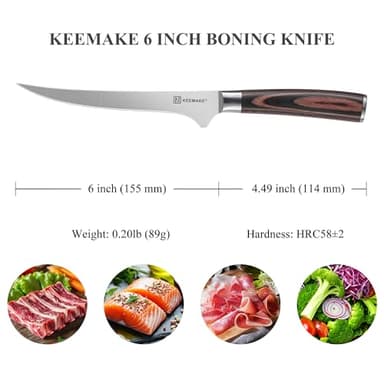 KEEMAKE Boning Knife 6 Inch, Super Sharp Fish Fillet Knife, High Carbon Stainless Steel Deboning Knives, Professional Boning Knives for Meat Cutting Poultry, Pakkawood Handle with Gift Box - Image 3
