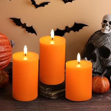Eywamage Orange Halloween Flameless Pillar Candles with Remote, Real Wax Flickering Fall LED Candles Battery Operated Set of 3 - Image 5