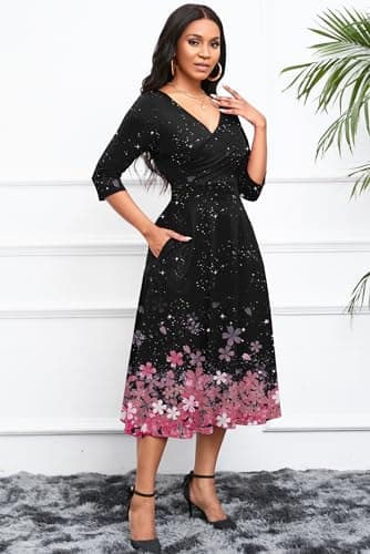 Nmoder Women's Casual Wrap Flared Midi Dress Wedding Guest Cocktail Tea Dresses A-Line Swing V-Neck 3/4 Sleeve Sakura Black XL - Image 3