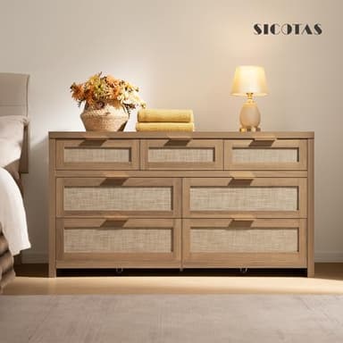 SICOTAS 7 Drawer Dresser for Bedroom, 57" Wide Rattan Dressers, Large Chest of Drawers for Bedroom, Dresser TV Stand, Boho Closet Organizer (Reclaimed Caramel Oak, 7 Drawers (1 pc)) - Image 4