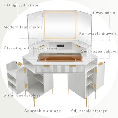 T4TREAM Corner Vanity Desk with Mirror and Lights, Fluted Vanity with Glass Top, Fixed Three-Panel Mirror & Charging Outlet, Dressing Table with 3 Drawers & 2 Storage Cabinets for Bedroom, White - Image 7