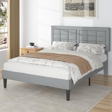 VECELO Full Size Bed Frame with Adjustable Headboard, Upholstered Button Tufted Platform Bedframe with Wood Slats Support, No Box Spring Needed, Light Grey - Image 3