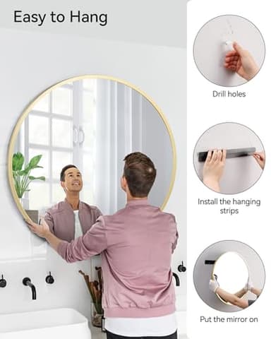 Gold Circle Mirror for Bathroom, 24 inch Circle Mirror, HD Eco-Friendly Round Bathroom Mirror for Over Sink, Matte Gold Metal Framed Wall Mirror for Wall, Vanity, Living Room, Easy to Install - Image 6