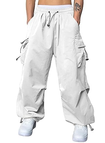 JMIERR Men's Casual Lounge Travel Parachute Pants Wide Leg Trousers Beam Feet Harem Baggy Sweatpants Cargo Pants for Fall Essentials Clothes Trendy Street Wear,L,Snow White - Image 1