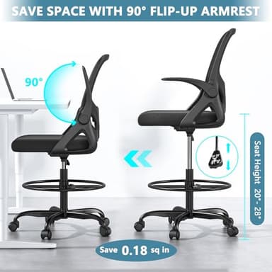Kensaker Tall Drafting Chair with Footrest Ring for Home and Work, Ergonomic Home Desk Office Chair with Flip up Arms and Lumbar Support, Extended Height Executive Desk Office(Black) - Image 7