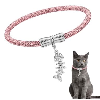Rhinestone Cat Collar, Sparkly Necklace for Girl Cats, Detachable Diamond Glitter Collar with a Fish Pendant Accessory, Collars Diameter 3.76 inch, for Princess Kitty(Light Pink, 30) - Image 1