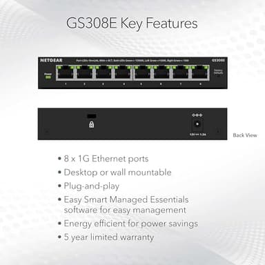 NETGEAR 8-Port Gigabit Ethernet Easy Smart Managed Essentials Switch (GS308E) - Desktop or Wall Mount, Home Network Hub, Office Ethernet Splitter, Silent Operation - Image 2