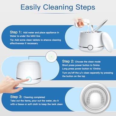 Midomi Ultrasonic Retainer Cleaner, 45kHz Denture Cleaner Machine, 5min and 10min Modes with Rechargable Top Cover, 200ml Dental Cleaning Pod, MouthGuard Cleaner for Aligner NightGuard Jewelry(White) - Image 6