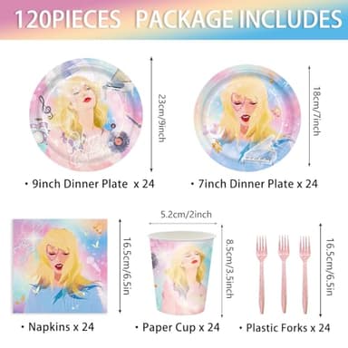 120pcs Girls Birthday Party Supplies Plates Napkins Paper Cups Pink Forks Disposable Tableware Set for Girls Fans Birthday Party Supplies Serves 24 Guests - Image 2