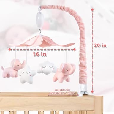 FEISIKE Crib Mobile for Girls Baby Mobiles with 3 Modes Digital Music Box（Turn Only, Music Only, Turn & Music, 35 Lullabies, Pink Elephant Nursery Mobile, Clamp Type, Pretty Box Packaging - Image 6