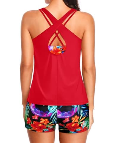 Holipick Red Floral 3 Piece Tankini Swimsuits for Women Tummy Control Bathing Suits Swim Tank Top with Bra Boy Shorts Teen Swimwear L - Image 2