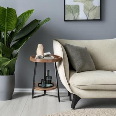 Gadroad Round End Table with Storage Shelf, 2 Tier Farmhouse Side Table Nightstand for Living Room, Bedroom, Wood Tabletop & Black Metal Frame, Brown 15.7 * 15.7 * 23.0inches - Image 2