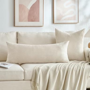 Fancy Homi Set of 2 Cream Boho Neutral Decorative Throw Pillow Covers 18x18 Inch for Couch Bed Sofa, Aesthetic Modern Farmhouse Home Decor, Soft Fluffy Corduroy Beige Cute Cushion Case 45 cm - Image 6