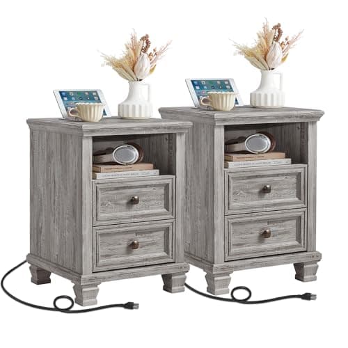 SAVOR LIFE Farmhouse Nightstand Set of 2 with Charging Station, Rustic Grey Nightstand,2 Drawers End Table for Living Room,Bedside Table with Open Shelf for Bed Room,Grey - Image 1