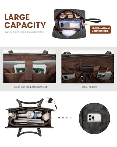 LOVEVOOK Laptop Bag for Women Vintage Leather Work Tote 15.6 inch Large Capacity Computer bag with Clutch Purse for Office, Travel, School, Casual - Image 2