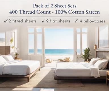 California Design Den 2-Pack Sheet Sets King Size - 400 Thread Count 100% Cotton Sateen - Extra Soft, Breathable & Cooling Sheets, Wrinkle Resistant, 2 Sets of Deep Pocket Bed Sheets - Bright White - Image 2
