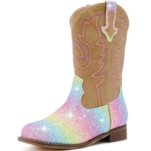Motasha Girls Cowgirl Boots Glitter Toddler Girls Boots Rainbow Cowboy Boot for Girl Size 1 Little Big Kids Boot Western Riding Shoes Party Birthday (M7101 Shiny Rainbow 1) - Image 1