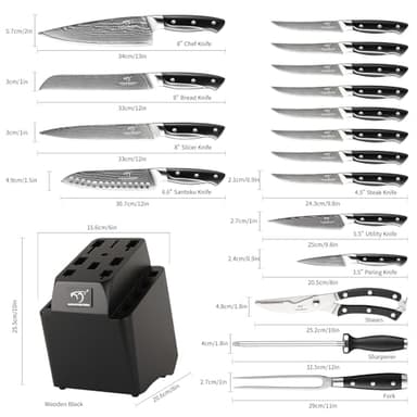 18 Pieces Damascus Kitchen Knife Set, 8 Piece Steak Knives, Non-slip ABS Ergonomic Triple Rivet Handle for Meat Fork, Knife Sharpener and Shears, 17 Slots Wooden Knife Block - Image 2